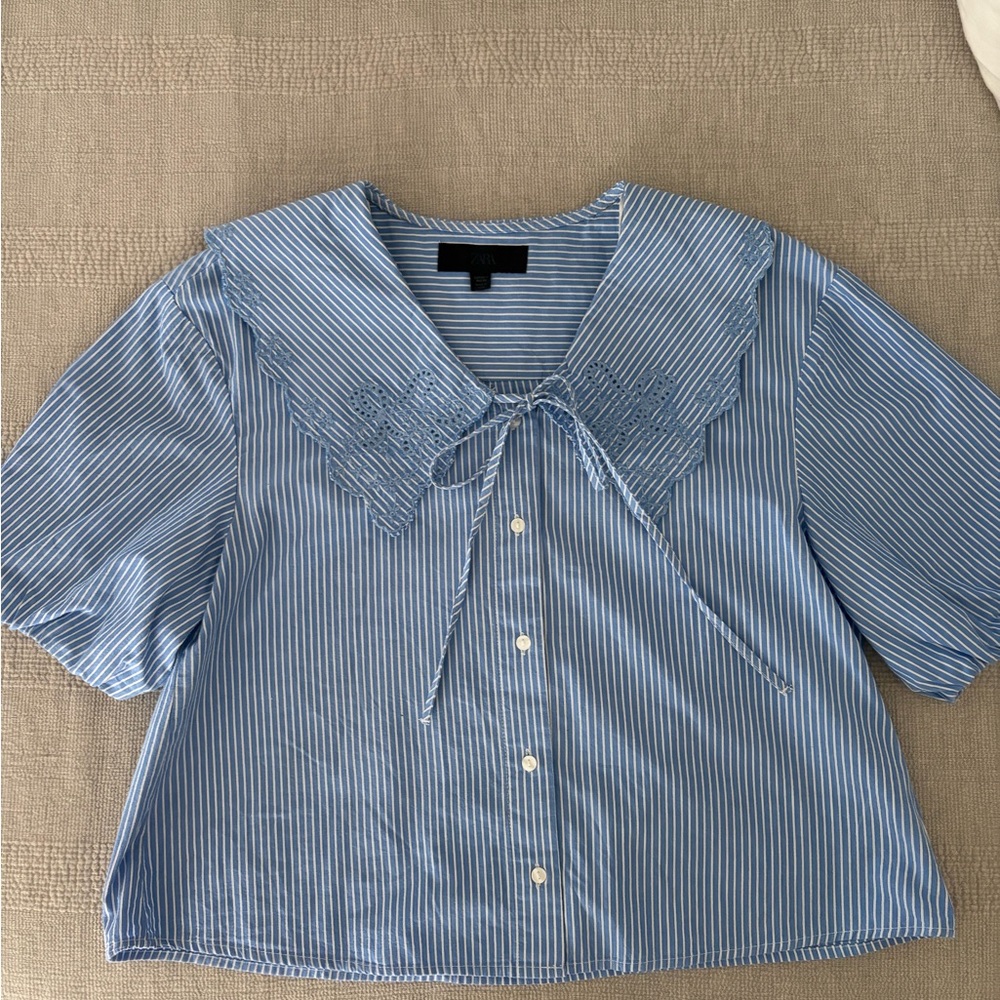 Zara EMBROIDERED STRIPED PETER PAN COLLAR SHIRT